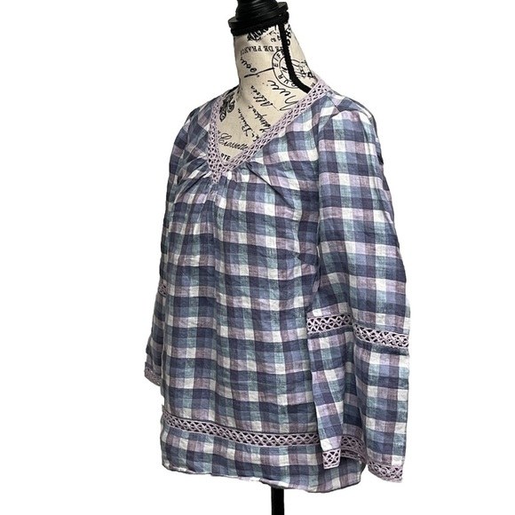 Chicos Crochet-Detail Gingham Linen Popover Top Beach Boho Modest Mature Prep 0 - Picture 3 of 10